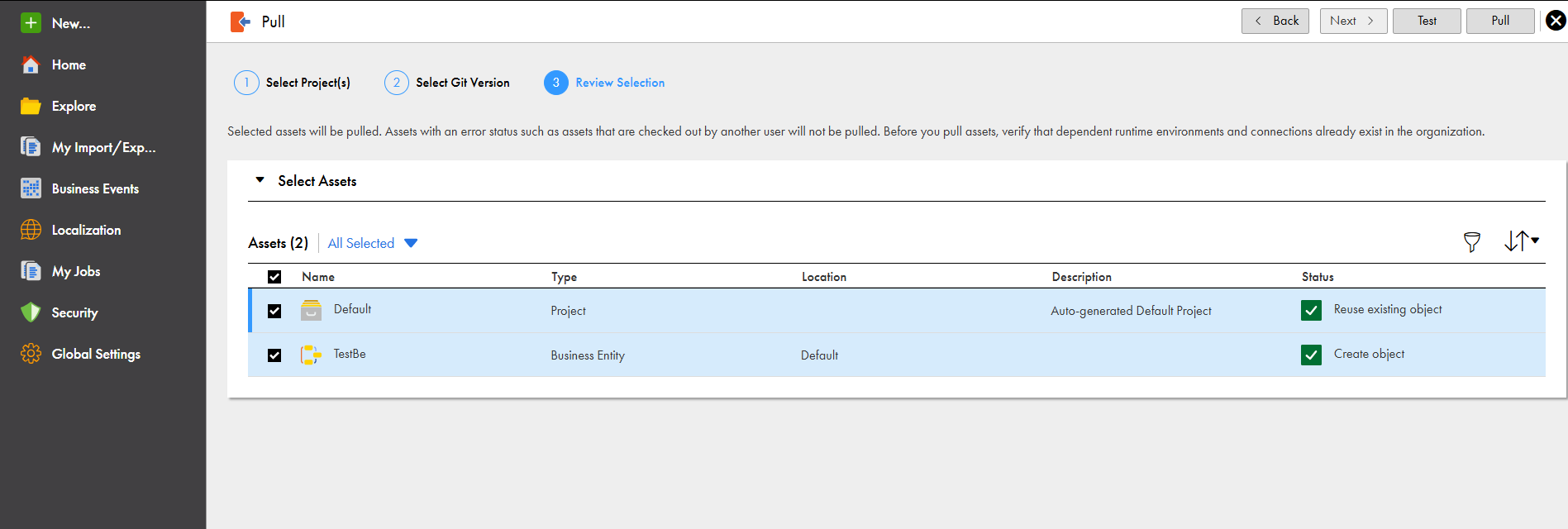 The Pull preview page shows a project and business entity selected with status displayed against each asset.