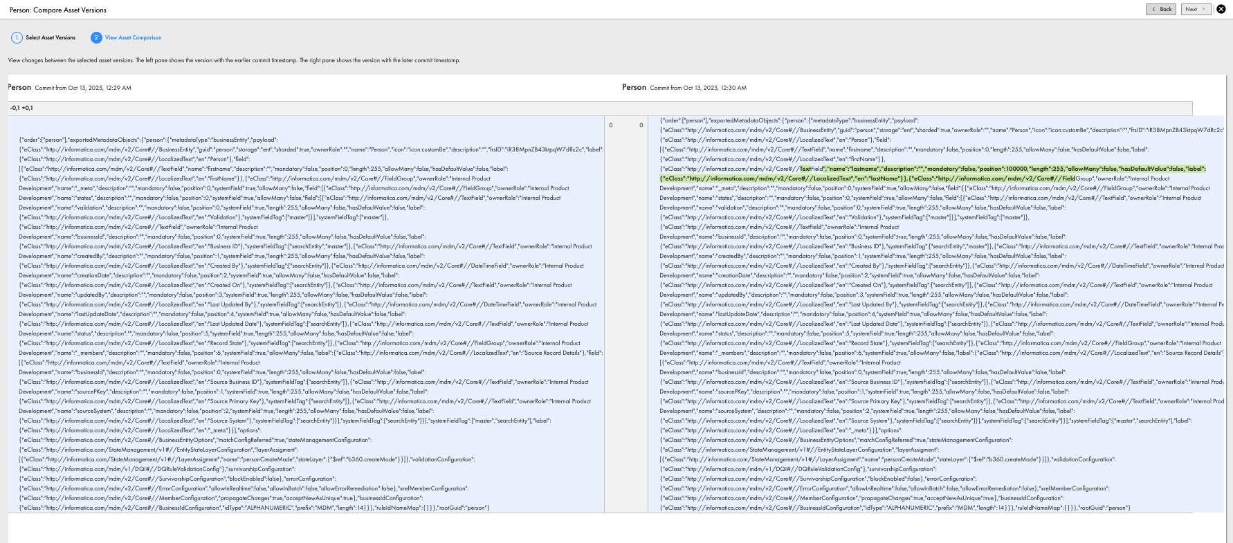 The Compare Asset Versions page shows two versions of the selected asset. One version of the asset that was committed on October 13, 2025, and the other is the current asset version. The changes are highlighted in the current asset version.