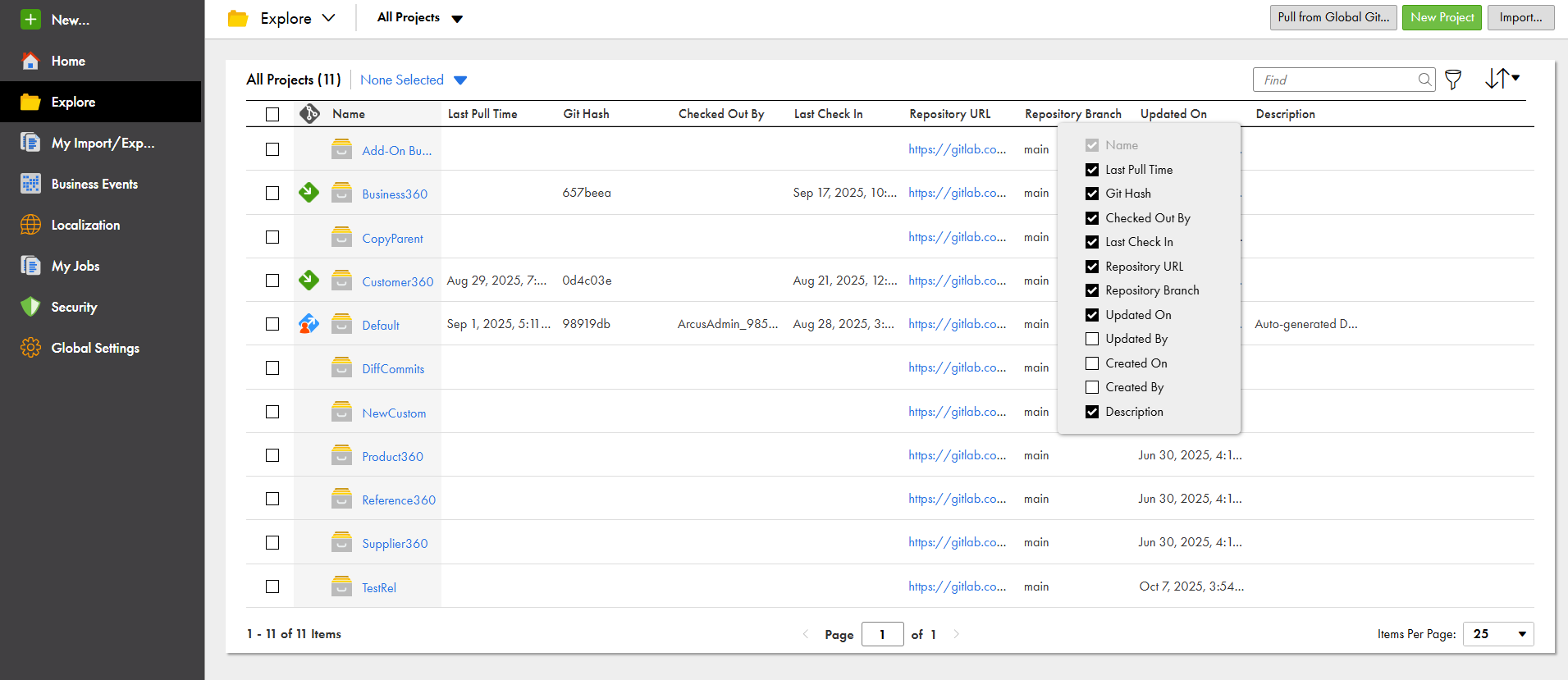 The Explore page shows a list of columns with a check mark by each column that currently displays on the Explore page.