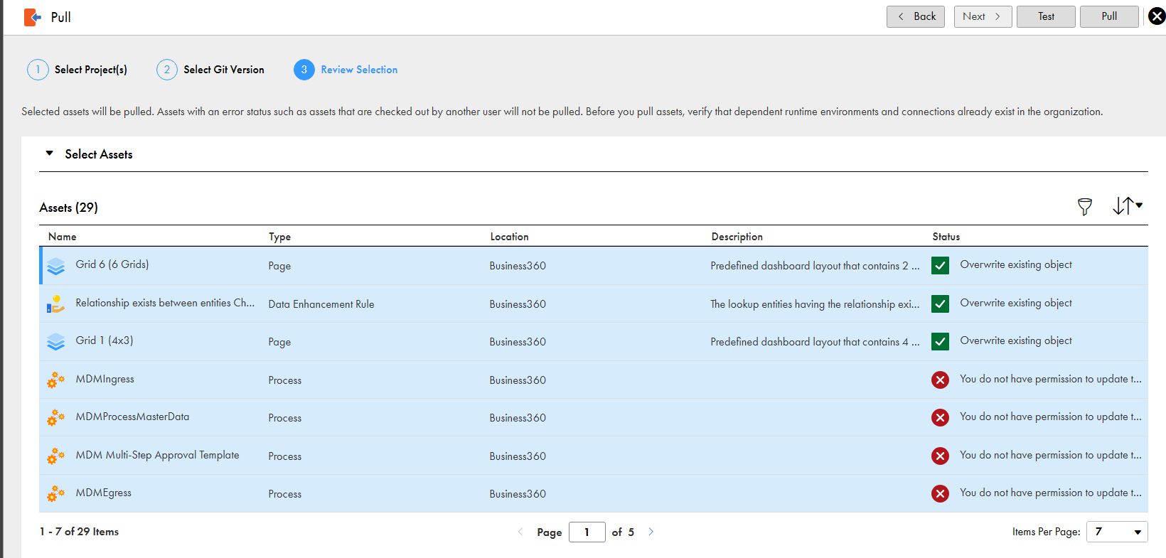 The Pull preview page shows the assets that are included in the pull. The page shows the type, location, description, and status of assets.