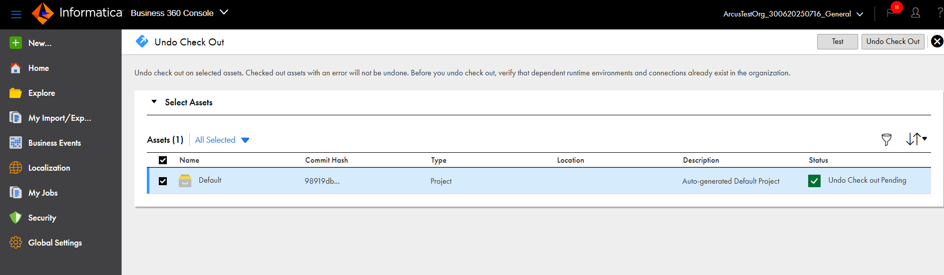 The Undo Check Out page lists the Default folder selected for check out with the status shown as Undo Check out Pending.