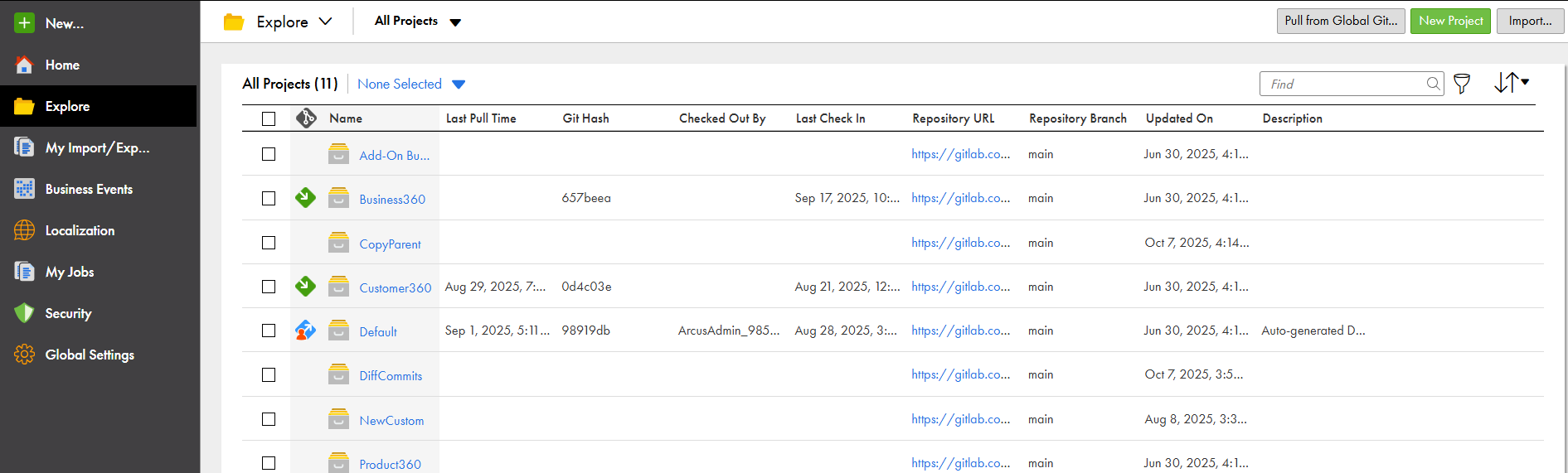 The Explore page shows assets, where the green icon indicates that the assets are checked in and the blue and red icon indicates that the asset is checked out.