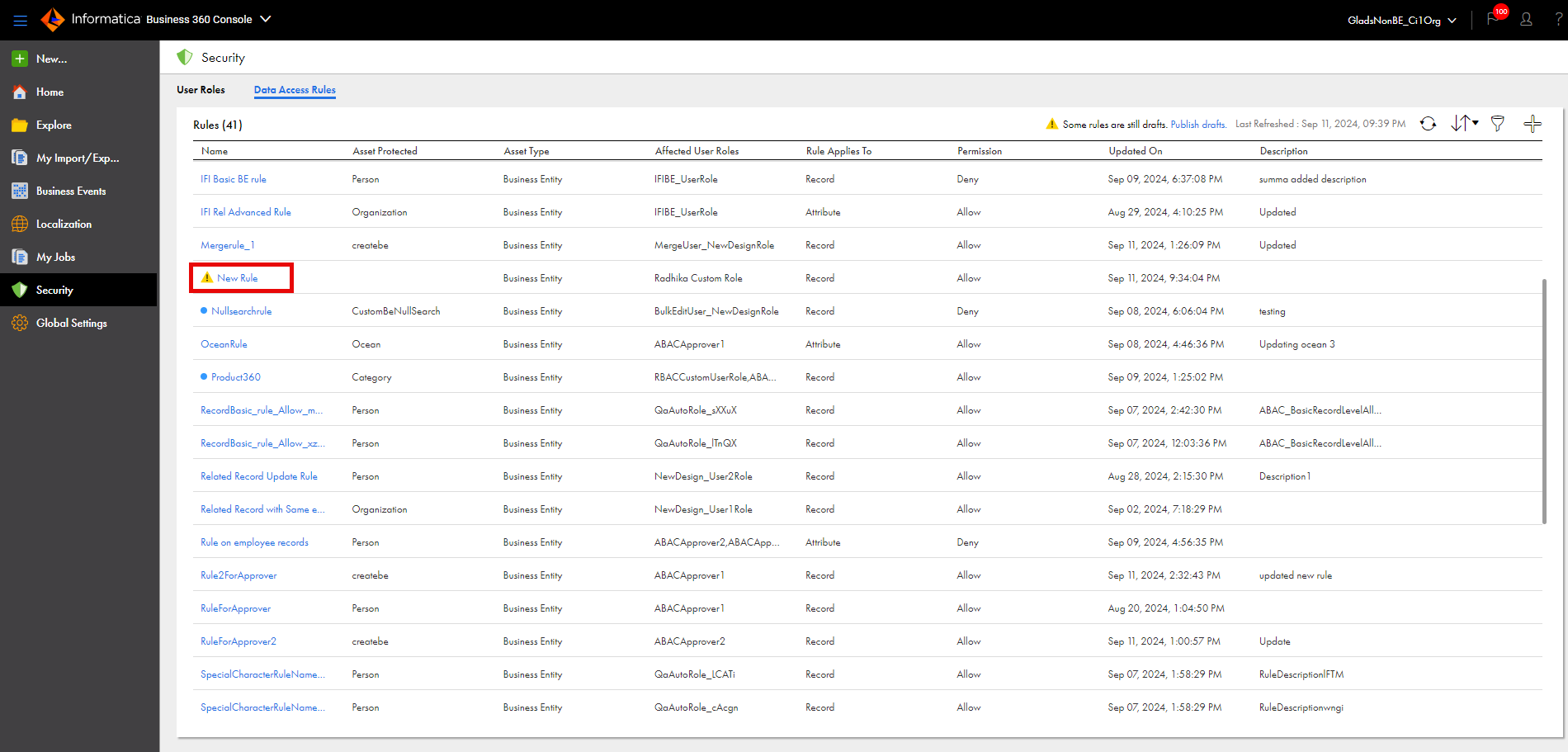 The Data Access Rules tab displays the invalid data access rule.