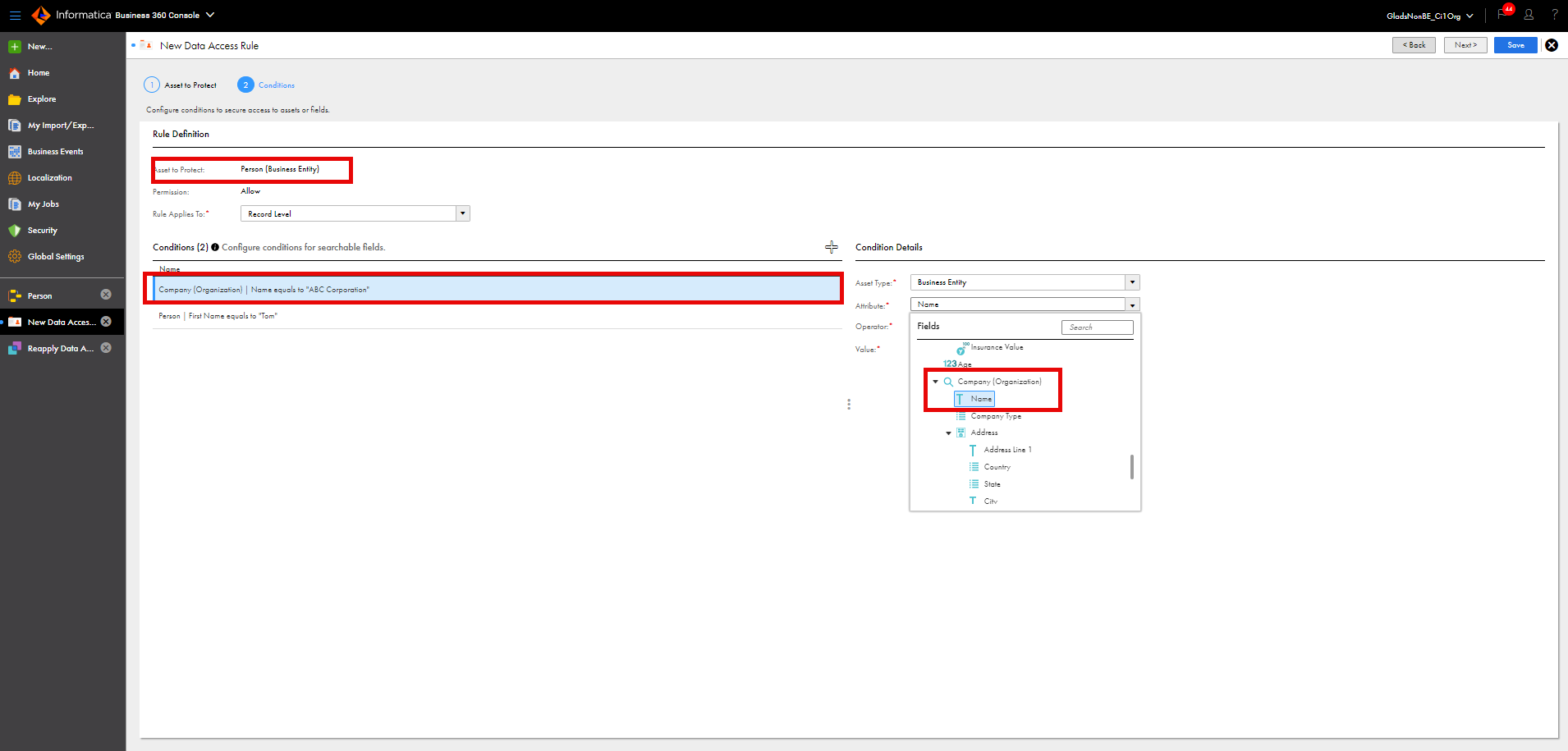 The New Data Access Rule page shows a record-level data access rule set with a condition that contains a related business entity attribute.