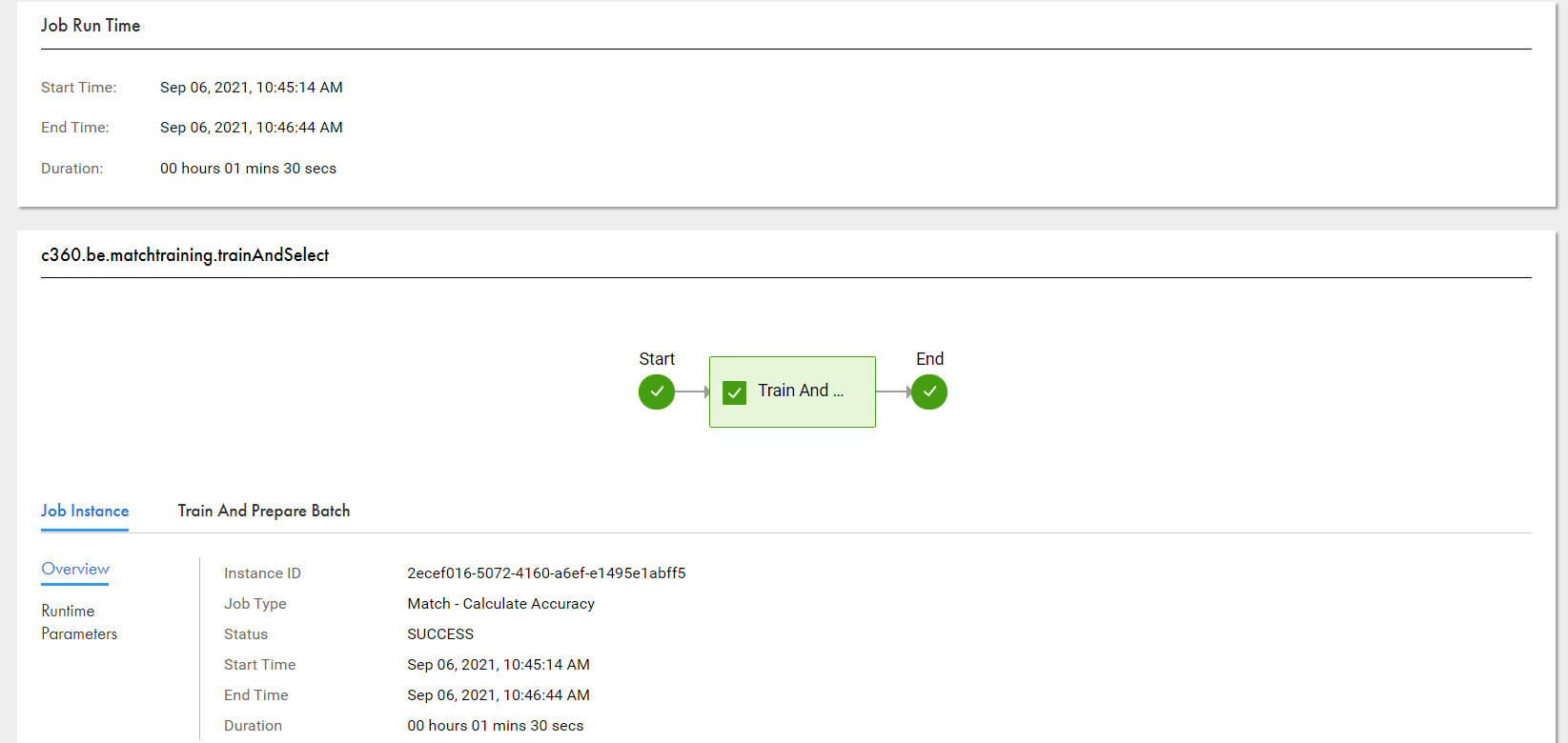 The image displays the data flow for a match calculate accuracy process. The page displays the job instance with the overview information.