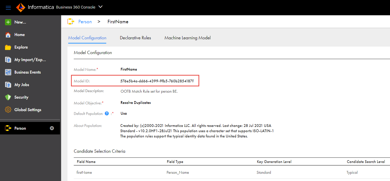 The business entity shows the match model configuration of a selected match model. The match model identifier is highlighted in the image.