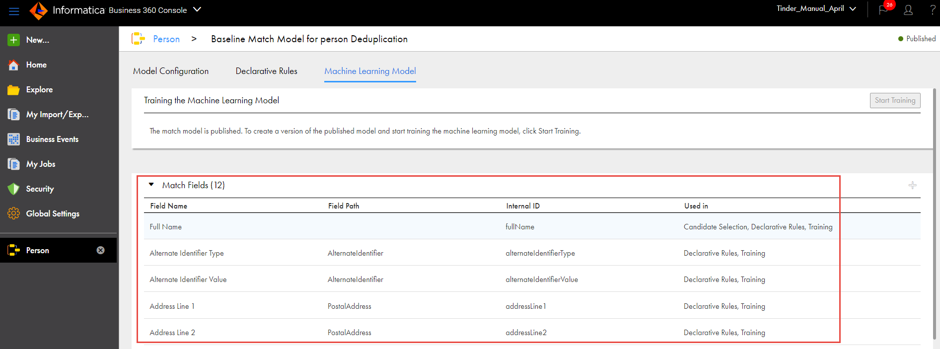 The Machine Learning Model tab shows the participating match fields.