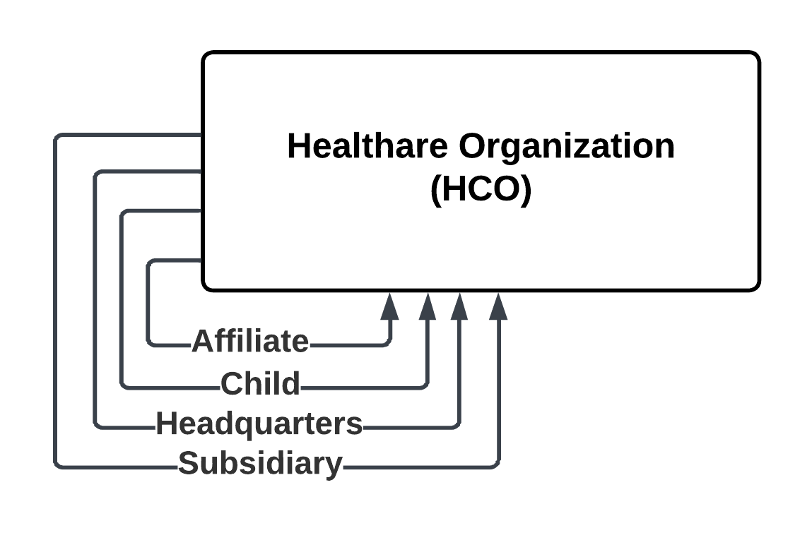 The image shows Affiliate, Child, Headquarters, and Subsidary relationships between HCO business entity records.