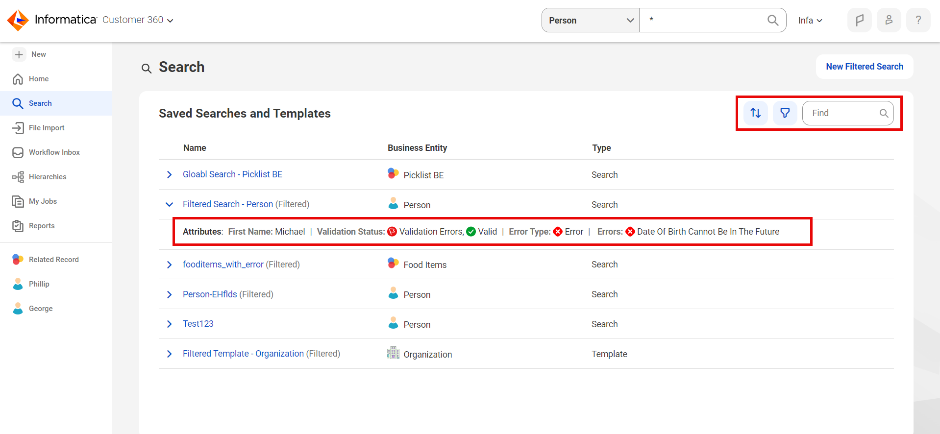 Saved search and template page shows sort, filter, and find box highlighted. The attributes values shows field values clearly separated.