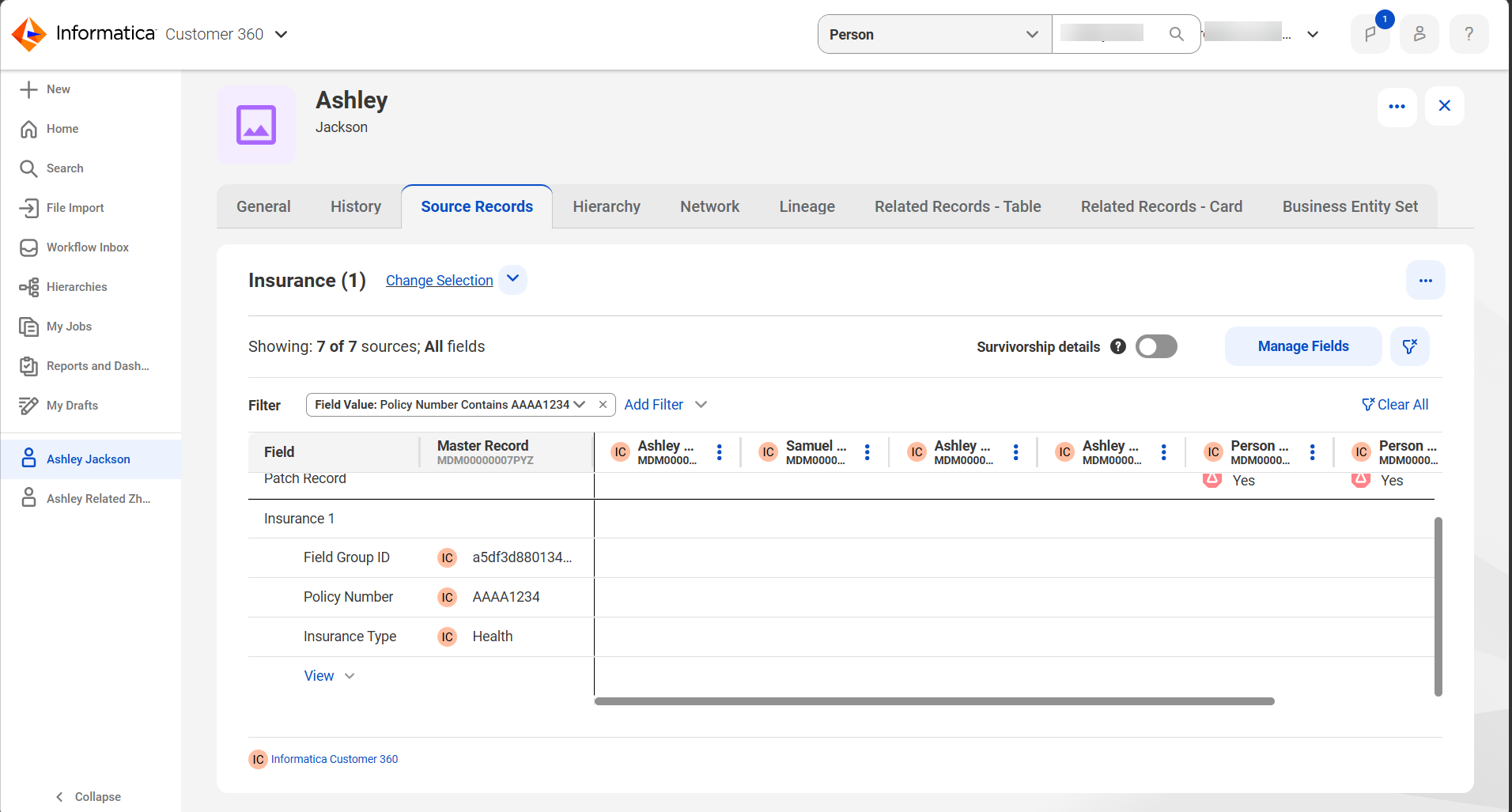 Source Records page for Ashley Jackson, showing a Field Value filter set to "Policy Number Contains AAAA1234" applied to the Insurance field group, with field groups listed in a table.