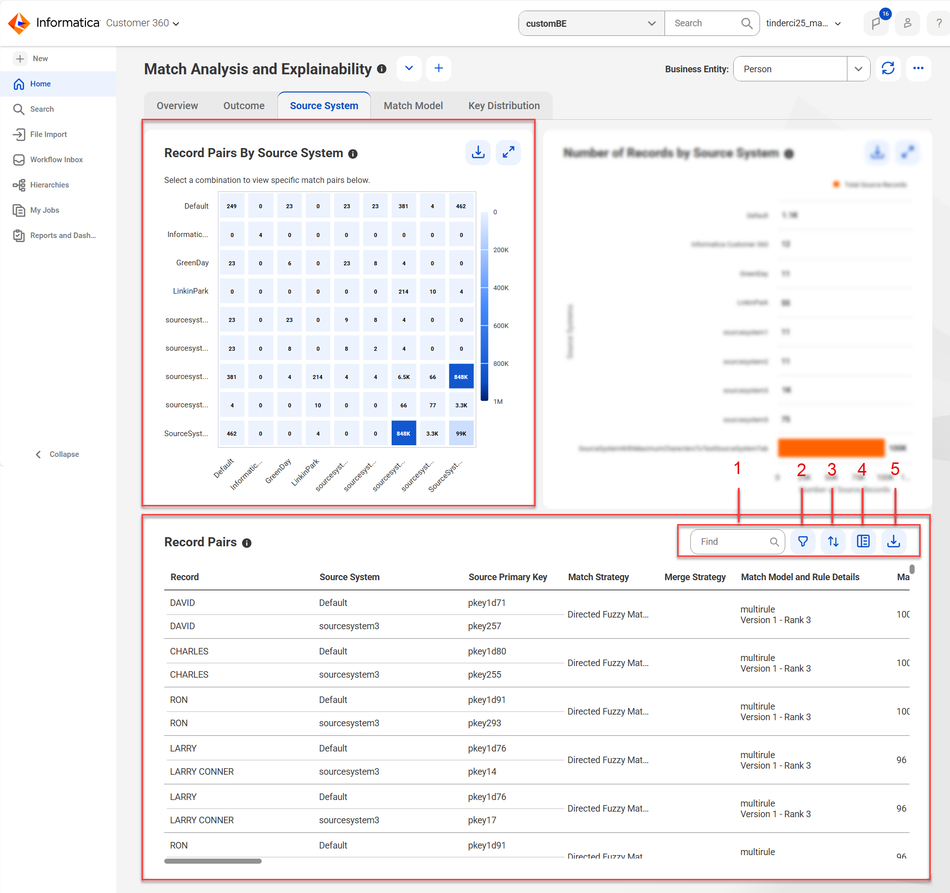 The Record Pairs section displays the record pair details of the selected source systems and provides options, such as find, filter, sort, show additional details, and export.