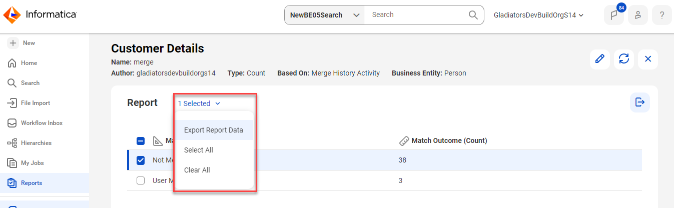 The Customer Details report page shows the Export Report Data option to export merge history activity reports.