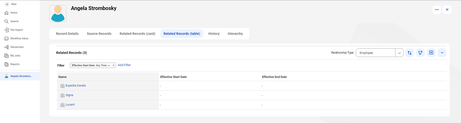 The image shows a record and its related records filtered based on effective start date condition.