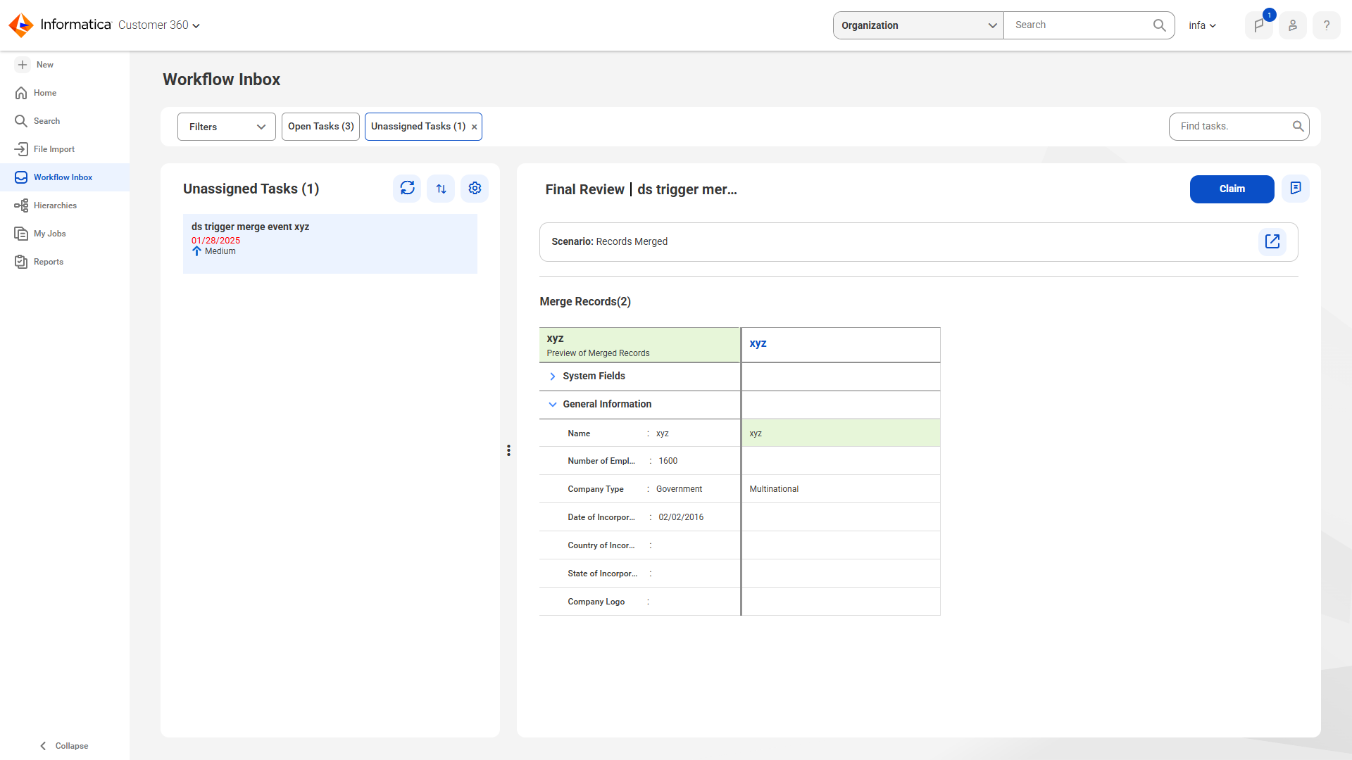 The workflow inbox shows a list of unassigned tasks that an approver can claim.