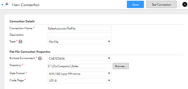 Specify the connection name, description, and connection type in the Connection Details section, then in the Connection Properties section, select the runtime environment, the location of the object, the date format, and the code page.