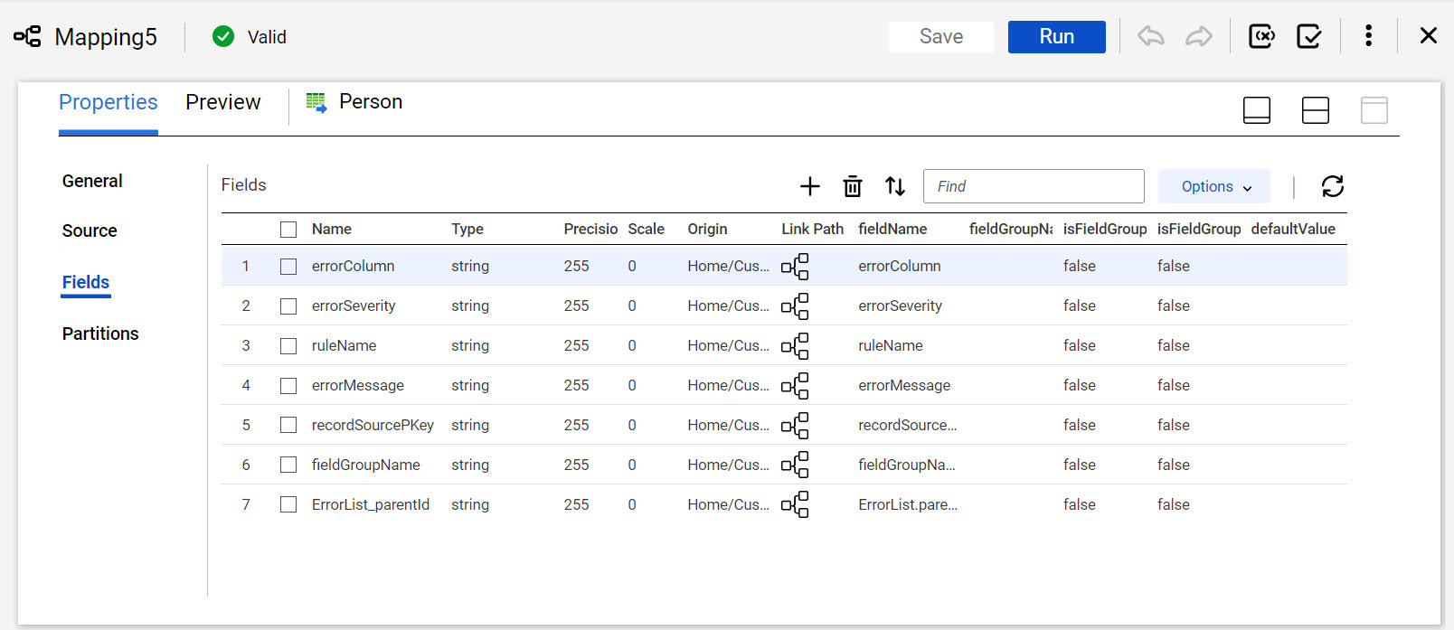 The image shows the fields within the c360.person.ErrorList field group that is mapped to a target object.