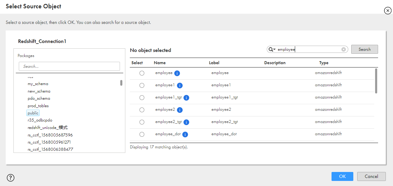 The image shows the list of objects from which you can select a source object.