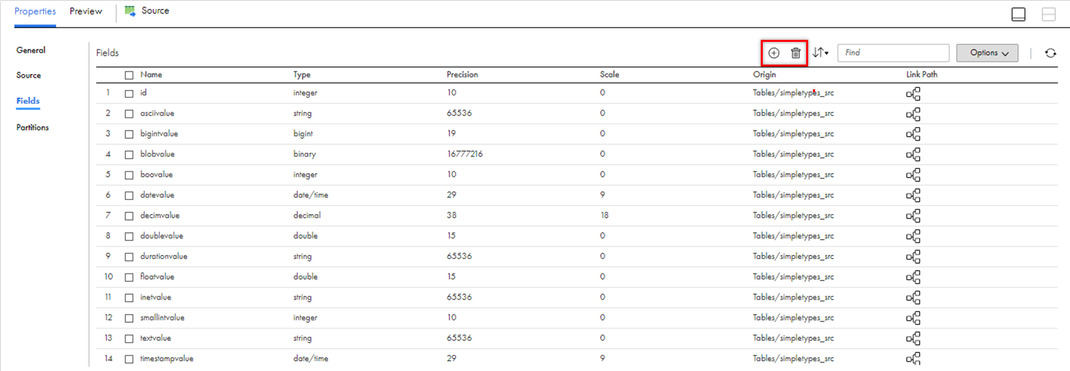 This image displays the options to add and remove source fields.