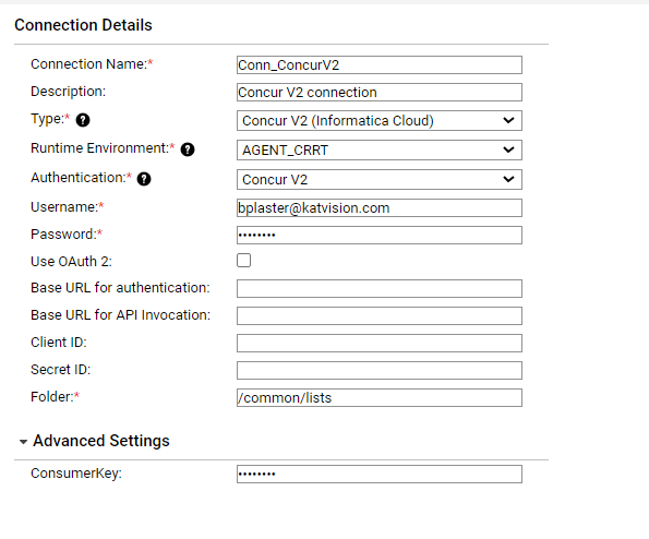 The Concur V2 Connection Properties page shows the properties for a hybrid OAuth 2 connection type