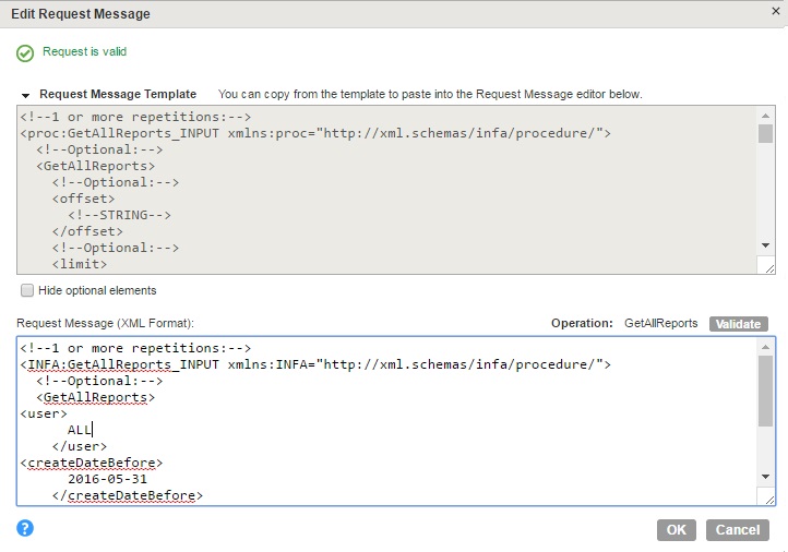 The image displays a validated request message in a GetAllReports_INPUT operation in the Mapping Designer.