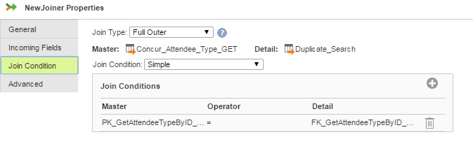 The image displays a configured Join condition to join the FF_Attendee_Type_GET and FF_Duplicate_Search data.