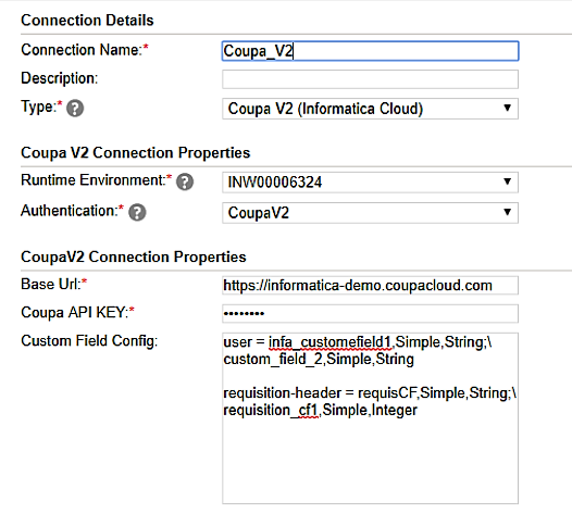 The image shows the Coupa V2 connection properties.