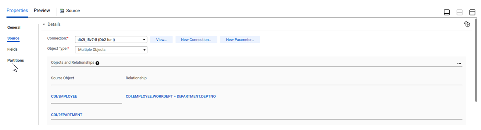 The joined EMPLOYEE and DEPARTEMENT tables are listed under Source Object and the advanced relationship between the tables is shown under Relationship.