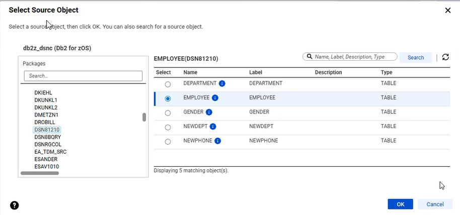 Let's select the EMPLOYEE table in the DSN81210 schema.