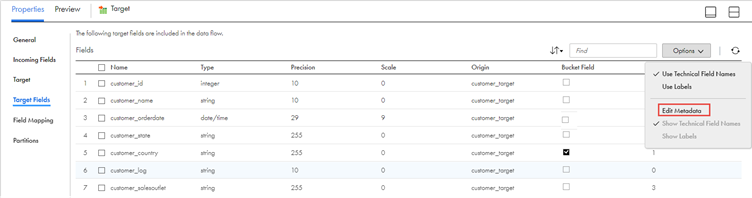 This image shows the Edit Metadata option on the Fields tab of the Properties panel.