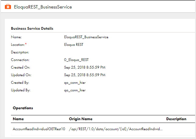 The following image shows the configured business service that associates an Eloqua REST connection and an operation.