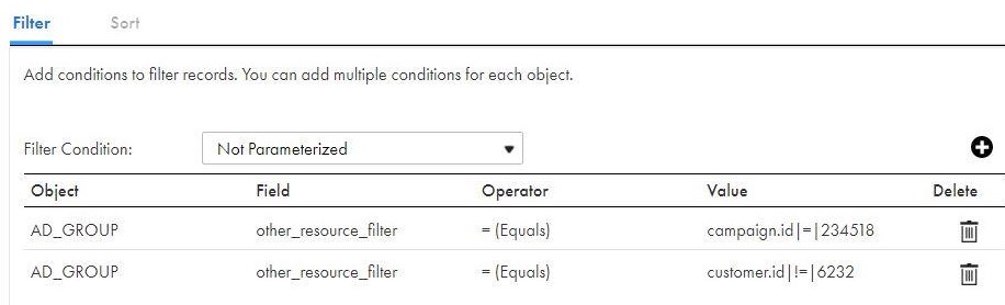 The image shows how to configure other resource filter for the ad_group object