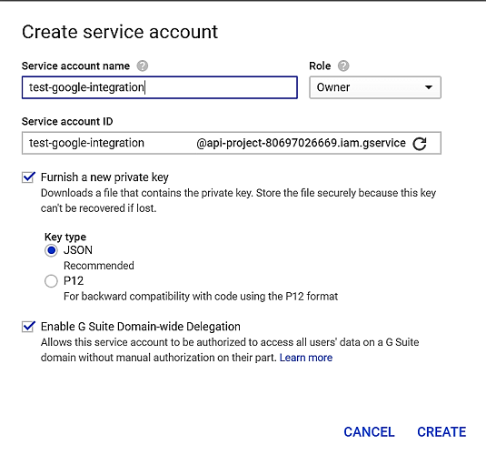 The image shows the Credentials page where you can create a service account and obtain a service account key.