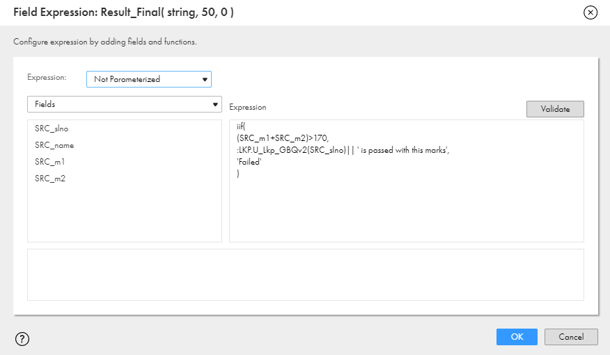 The image shows the Field Expression dialog box tab of the Expression transformation where you can supply input values for an unconnected Lookup transformation from a :LKP expression.