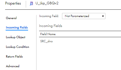 The image shows the Incoming Fields tab of the Lookup transformation where you can add an incoming field to the Lookup transformation.