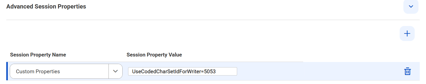 The configured UseCodedCharSetIdForWriter custom property with CCSID value 5053 in the mapping task.
