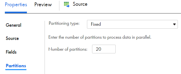 The configured fixed partitioning for the IBM MQ source in the Source transformation