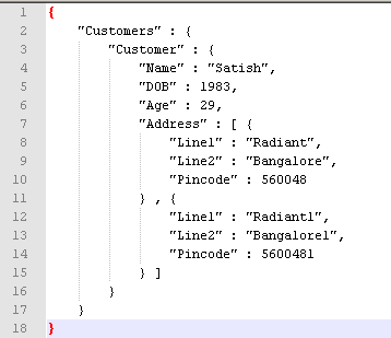 This figure shows a sample JSON file of Customer - Address details.