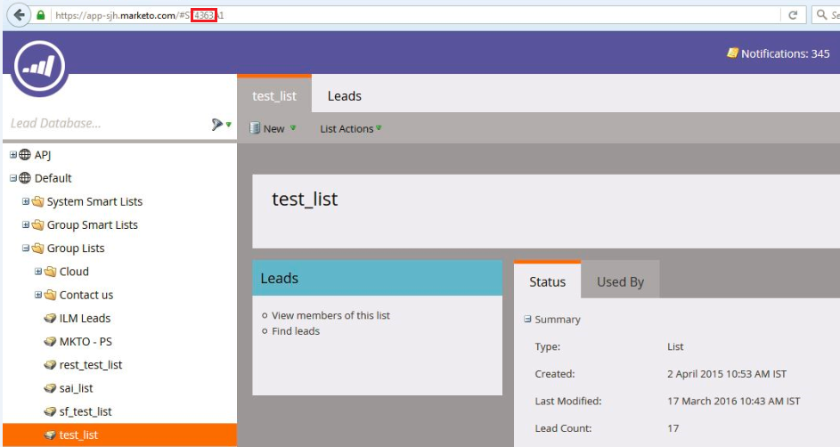 This image displays the List ID in the URL in Marketo.