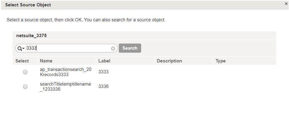 The image shows saved search objects for NetSuite V2 sources.