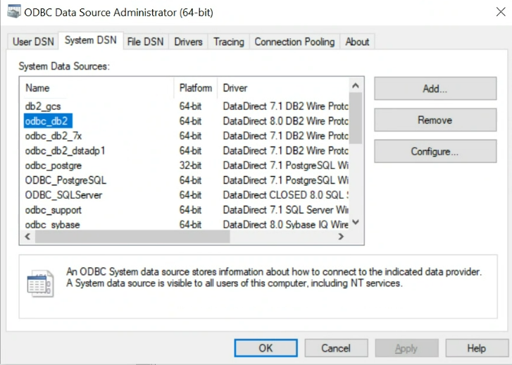 The image shows the system data sources on the ODBC Data Source Administrator (64-bit) dialog box.