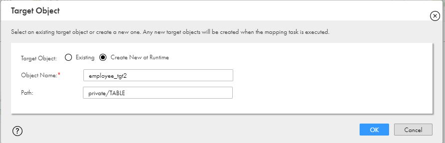 You can view the target object properties for creating a target table at runtime.