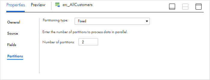 On the Partitions tab of the Source transformation, the partitioning type is "Fixed" and the number of partitions is set to "2."