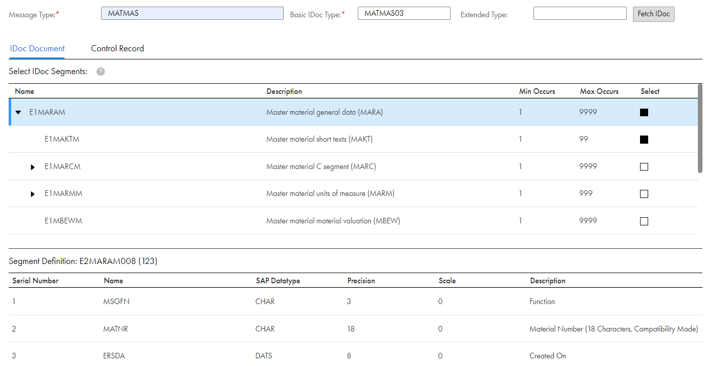 The image shows the segment details of the MATMAS IDoc.