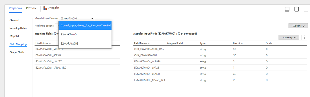 The Incoming Fields is mapped with the mapplet input fields to configure an inbound mapping.