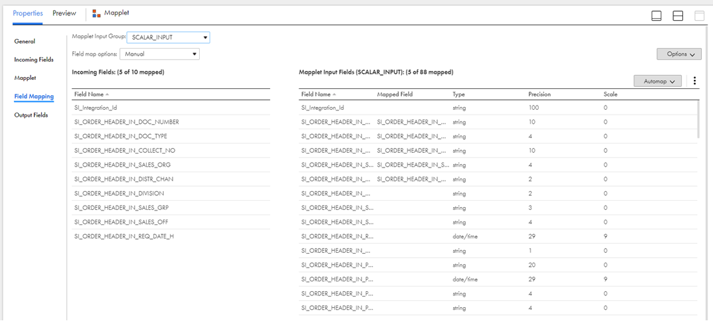 The Incoming Fields is mapped with the mapplet input fields to configure a mapping with the bapi_salesorder_createfromdat1 mapplet.