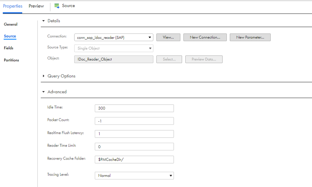 On the Source tab, SAP IDoc Reader connection is selected.