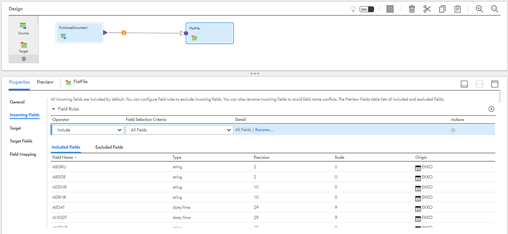 The configured incoming fields to map with an SAP Table source.