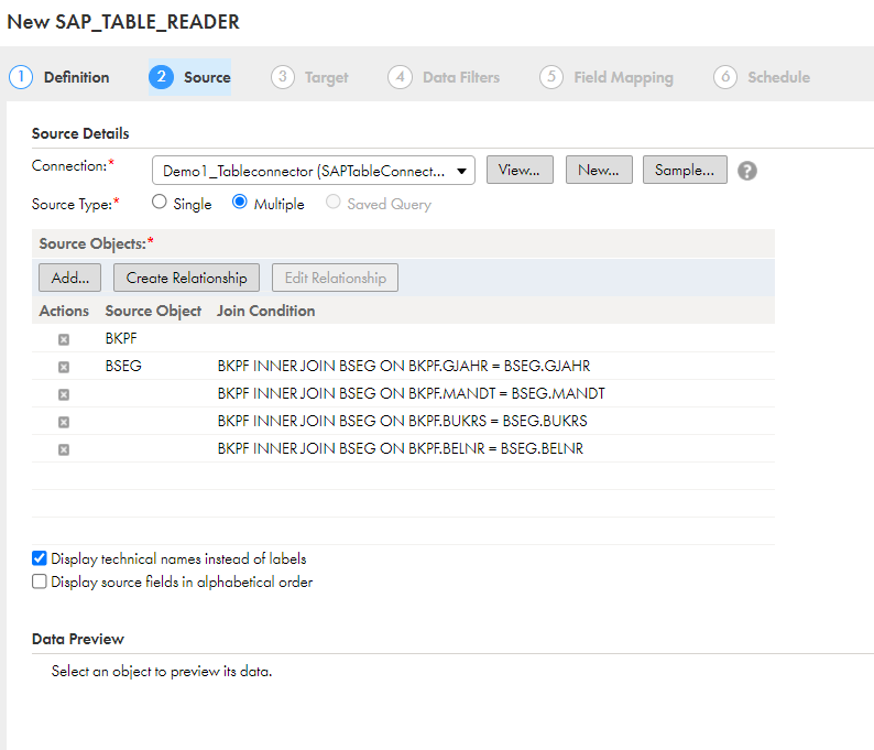 The join conditions for multiple SAP objects are displayed.