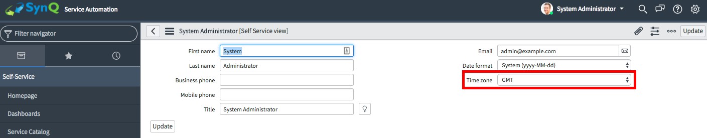 You can view the Self Service view where you can configure the Integration User details and the GMT time zone