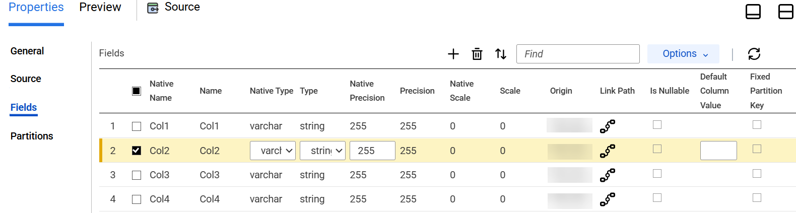 he editable metadata fields of a column in the Fields tab.